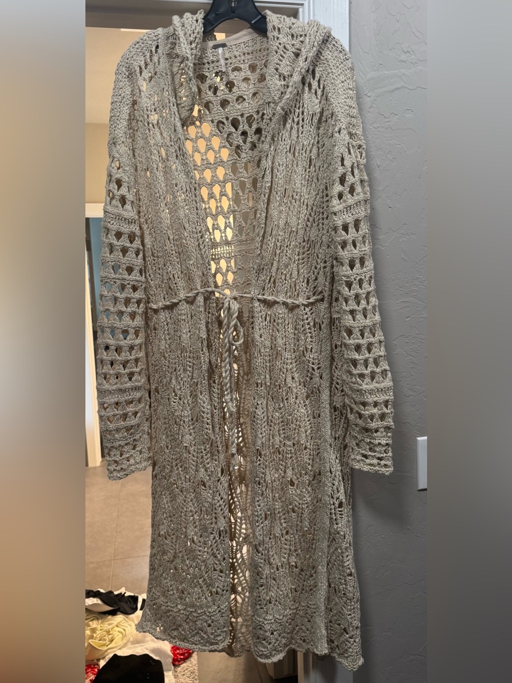 Free People Open-Weave Crochet Hooded Cardigan in Beige